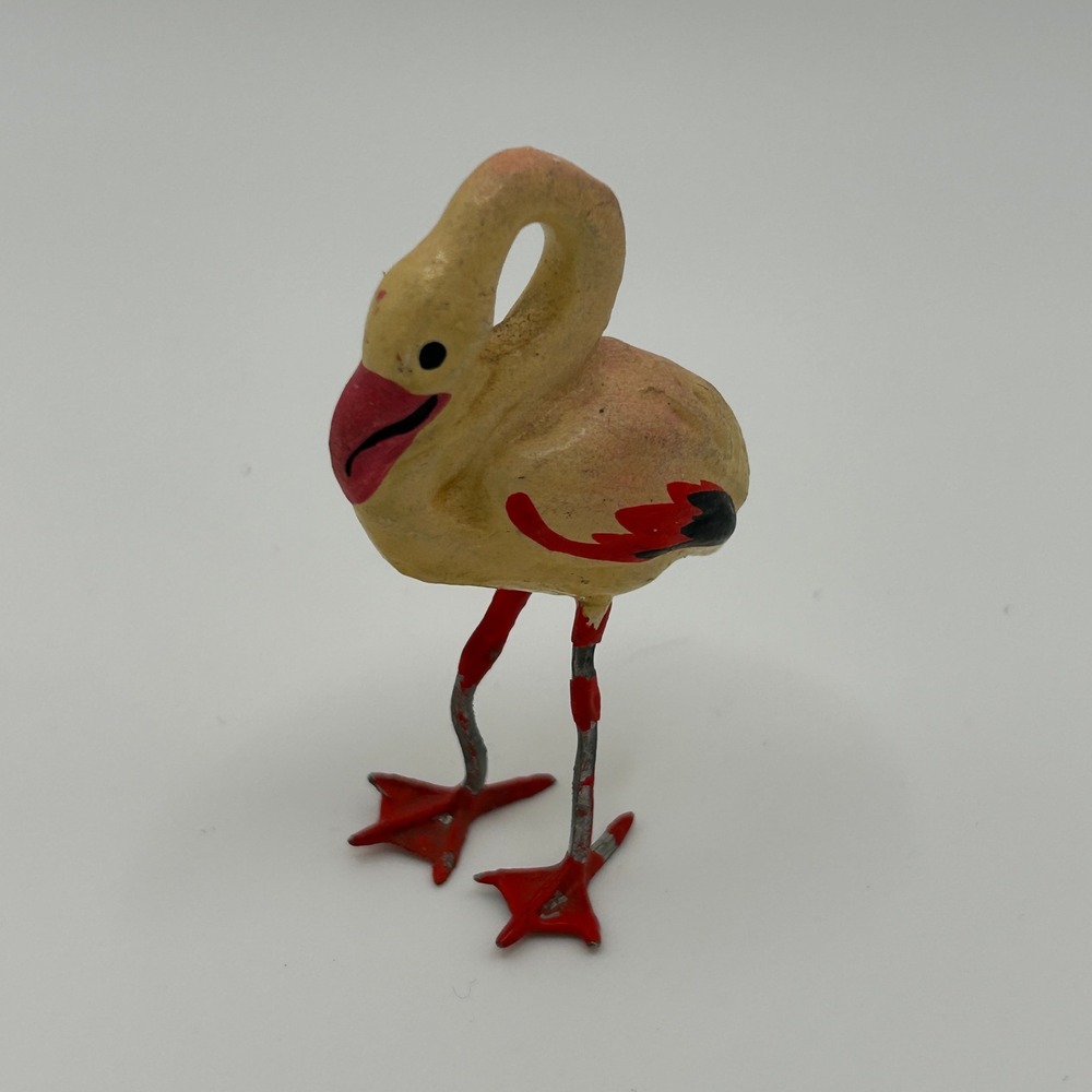 Vintage Hand Painted Flamingo Figurine Miniature Metal Legs Tropical Folk Art